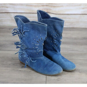 VINTAGE Armadillos SUNBURST Womens Size 7.5 M Suede Fringe Pull On Boots Blue